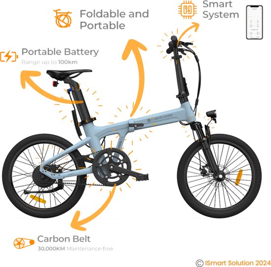 ADO E-bike A20S Air Elektrische Fiets | vouwfiets | Lichtgewicht (16-18 kg) | 25 km/u |100 km Actieradius | 250W Motor | Samsung-batterij | Aluminium Frame voor Recreatieve Activiteiten | Pastel Blauw