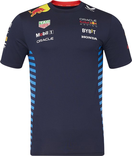 T-shirt bleu foncé avec logos Oracle Red Bull Racing, Mobil 1, Honda et rayures bleues sur les côtés.