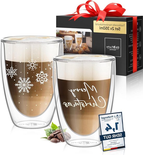 ElbFuchs® Dubbelwandige latte macchiato glazenset, 2 x 450 ml, kristalheldere thermoglazen dubbelwandig, ideaal als cappuccinoglazen, koffieglazen, theeglazen