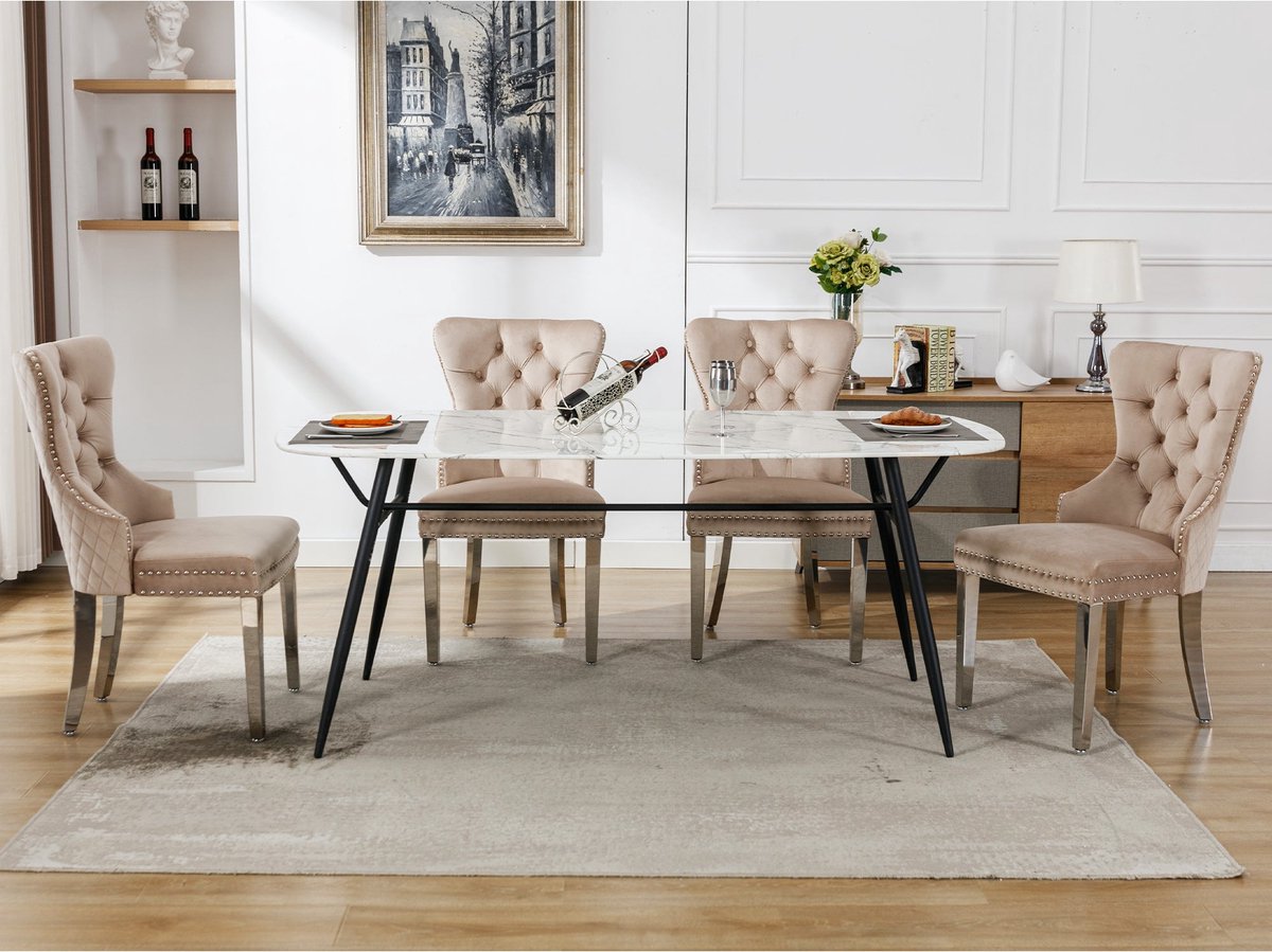 Merax Set van 4 Luxe Eetkamerstoelen – Beige – Deurklopper en Nagelkoppen