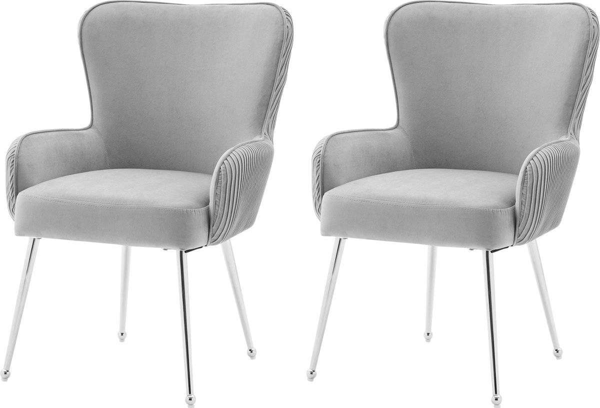Merax Set van 2 Eetkamerstoelen met Lage Armleuningen – Fluwelen Stoelen met Lendensteun en Verstelbare Zilveren Poten – Grijs