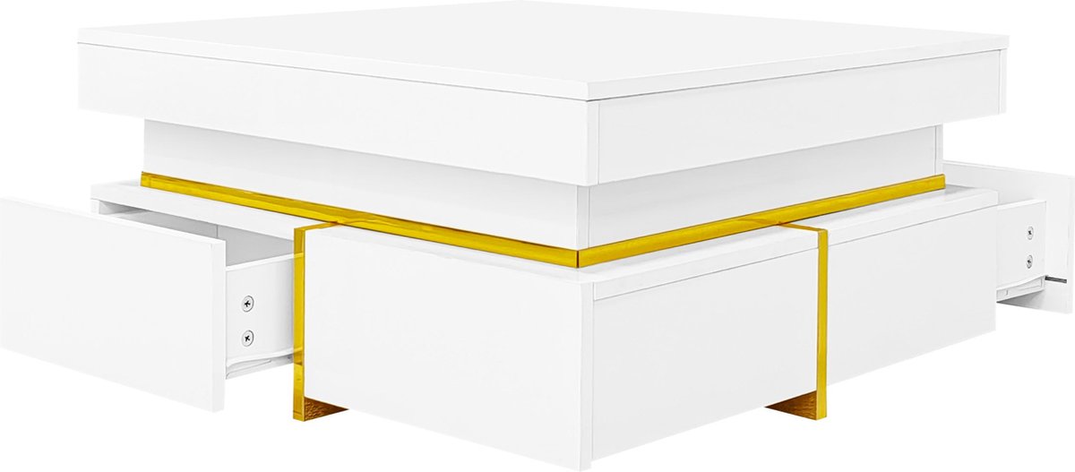 Merax Salontafel met 2 Lades– Wit Hoogglans met Gouden Accenten – 70x70 cm