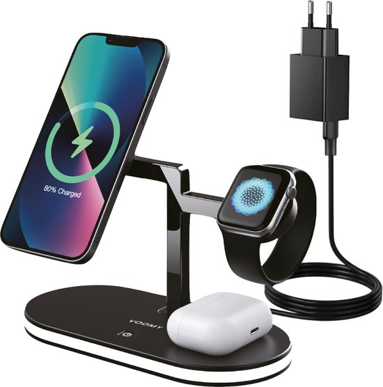 Voomy 3-in-1 Draadloze Oplader (15W Snellader) - Geschikt voor iPhone Magsafe 12, 13, 14, 15, 16, Apple Watch, Airpods 1, 2, 3 - Qi Oplaadstation - GSM Lader - Inclusief Adapter