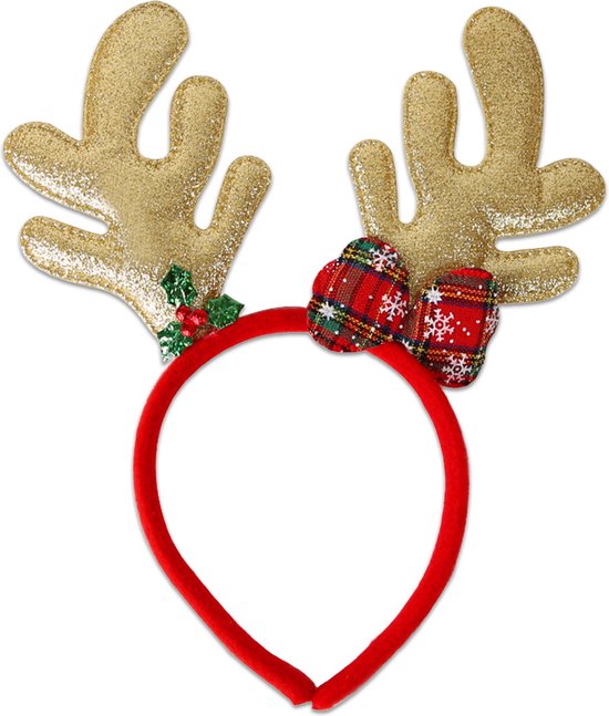 Rood kerstdiadeem met gouden rendiergeweien, versierd met ruitjes strik, sneeuwvlokken en hulst.