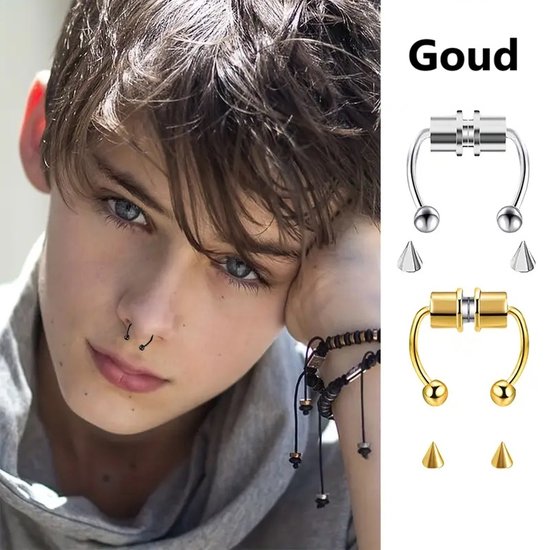 Jonge man met zilveren septumring, naast afbeeldingen van zilveren en gouden magnetische hoefijzervormige piercings.