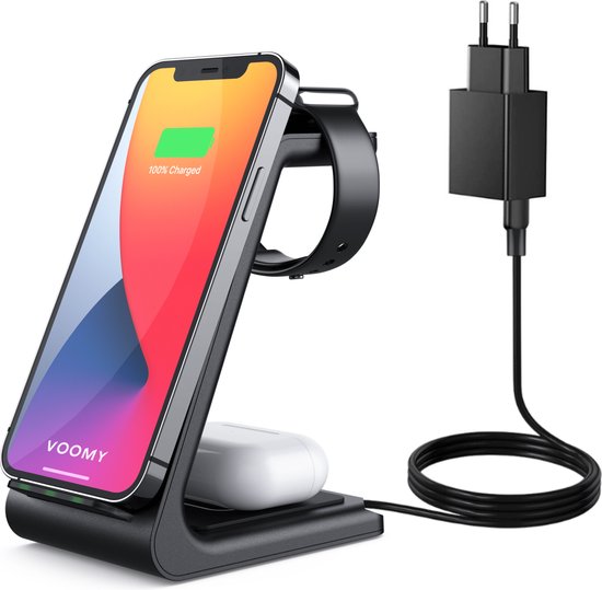 Voomy 3-in-1 Qi Draadloze Oplader - Wireless Charger 15W - Inclusief Adapter & Kabel - Geschikt voor iPhone 10, 11, 12, 13, 14, 15 & Samsung S20, S21, S22, S23, S24