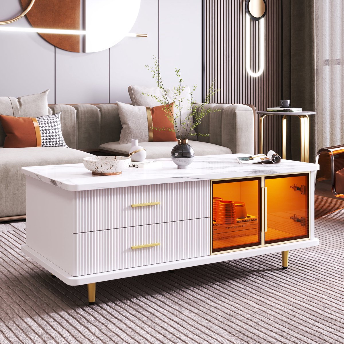 Merax Salontafel 100x50x40 cm – Marmerlook Tafelblad met LED-Verlichting en Glazen Deuren – Gouden Handgrepen en Golvende Lades – Moderne Woonkamertafel met Opbergruimte Wit