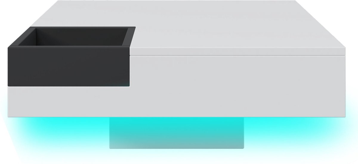 Merax Salontafel – Hoogglans Wit en Zwart - Vierkant Beisteltafel met Verwijderbare Opbergbox en LED-verlichting - 72x72x30 cm