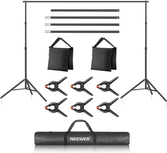 T-vormige draagbare achtergrond achtergrond ondersteuning stand kit 6,5ft breed 8ft hoog voor videostudio fotografie met 4 veerklemmen en draagtas