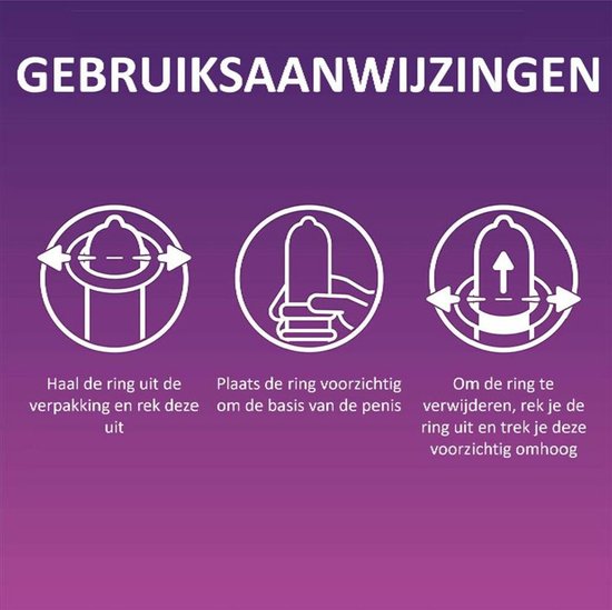 Durex Pleasure Ring gebruiksaanwijzing: haal uit verpakking, rek uit, plaats op basis penis, verwijder voorzichtig.