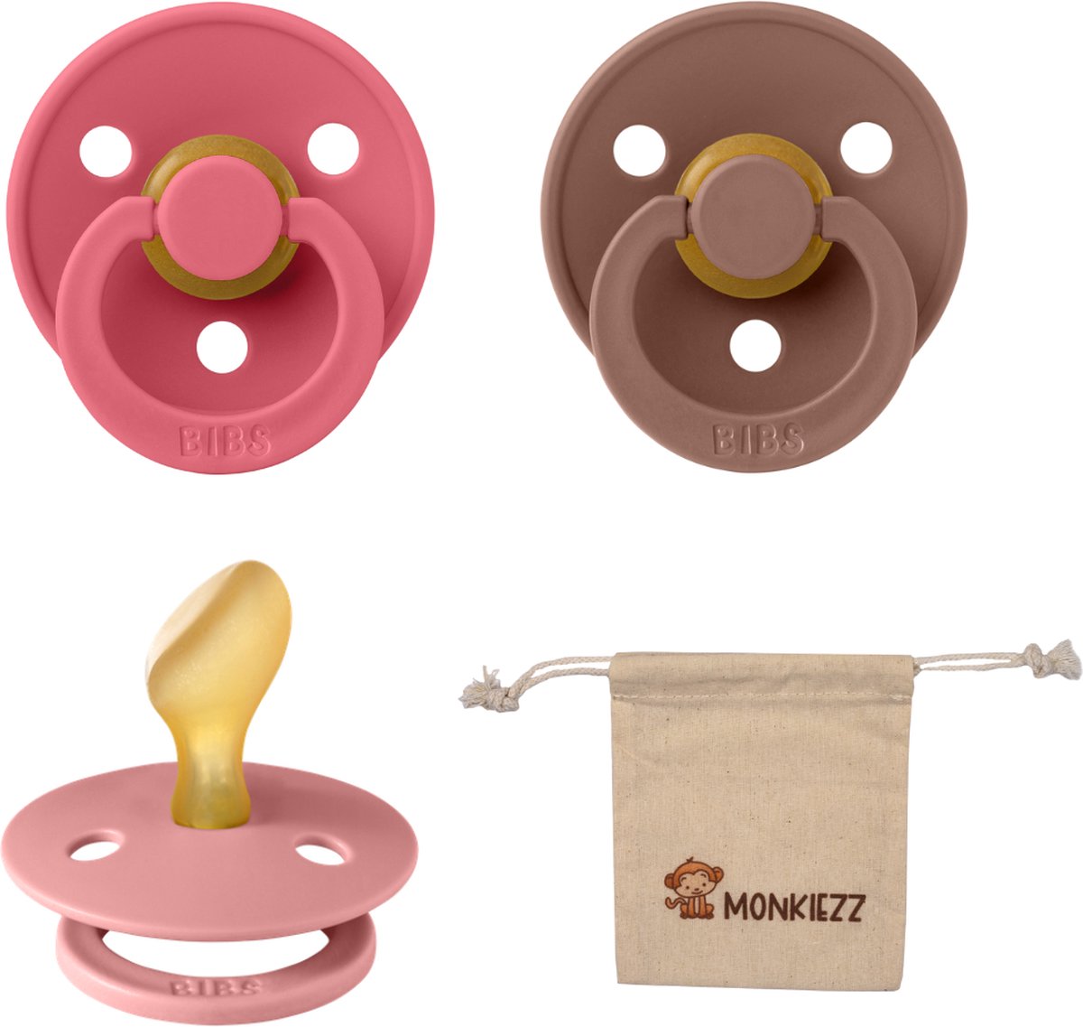 Goedkoopste Bibs Dental fopspenen Anatomical 6-18 maanden- Set 3 stuks- Coral , Dusty Pink, Woodchuck Monkiezz speenzakje - orthodontisch- Anatomisch- Maat 2