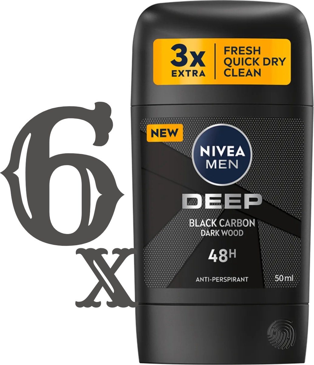 Goedkoopste Nivea Men Deep Black Carbon Dark Wood Deodorant Stick - 6 x 50ml