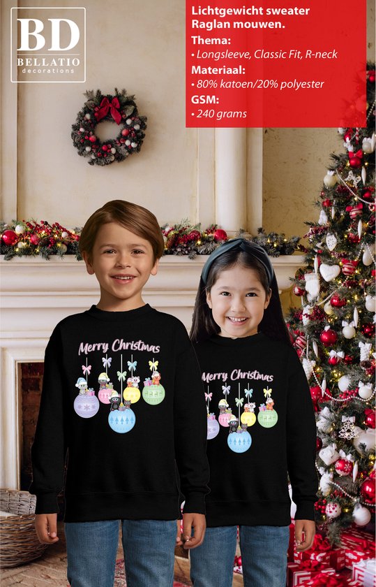 Bellatio Decorations Pull/pull de Noël pour garçons/filles - pastel/noir - Boules de Noël - Chatons 152/164