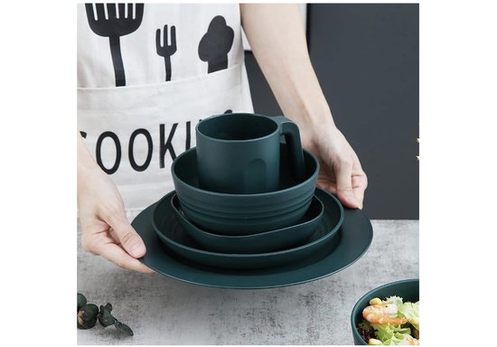 camping diner set van 20-stuks, onbreekbaar servies picknick diner set, Onbreekbaar en Herbruikbaar Lichtgewicht Platen Mokken Bowls Geschillen Gemakkelijk te dragen en schoon Magnetron Veilige BPA Gratis Service Voor 4 Vaatwasser Veilig (Donkergroen van Camp — afbeelding 3