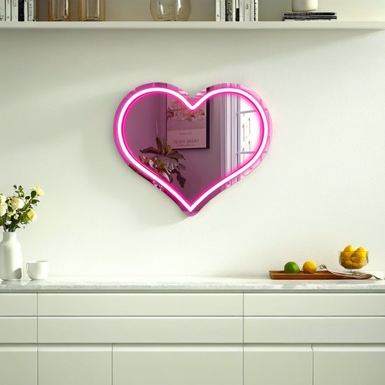 Neon Lamp Decoratie Spiegel – Hart – 45 x 45 CM - Dimbaar - USB A – Led Verlichting - Incl. Ophangmateriaal