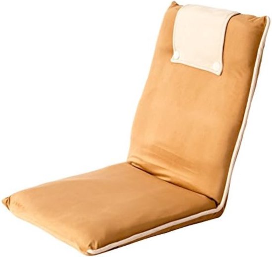 Chaise de sol ocre avec appui-tête beige et passepoil blanc.