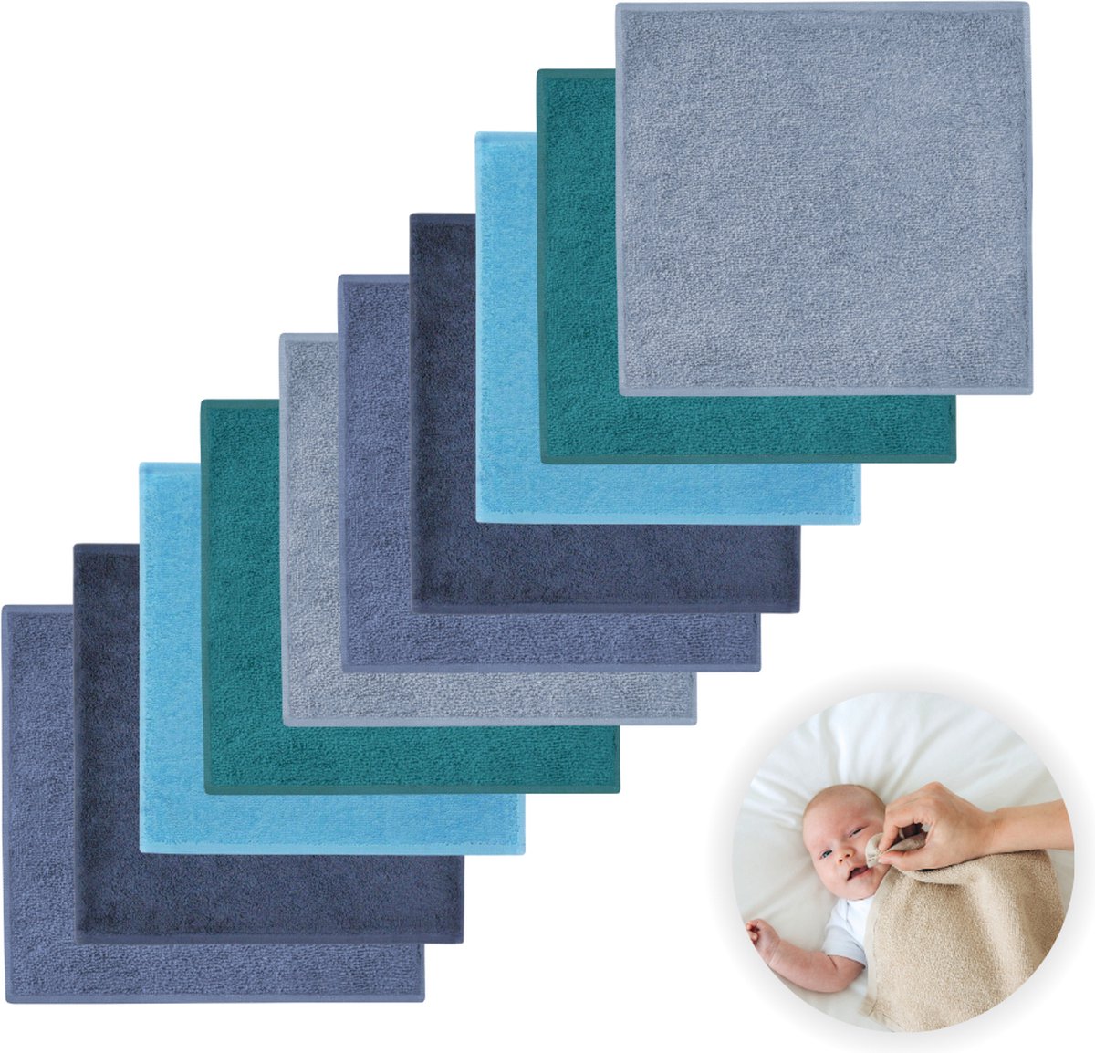 Goedkoopste Funnies Spuugdoekjes 10-Pack Blauwe Tinten - Set van 10 Zachte Spuugdoeken, Monddoekjes, Kwijldoekjes - 30x30 cm - 100 Katoenen Badstof - Absorberend, Sneldrogend en Zacht - Wasmachinebestendig - Perfect voor Gevoelige Babyhuid bij Voeden en Kwijlen