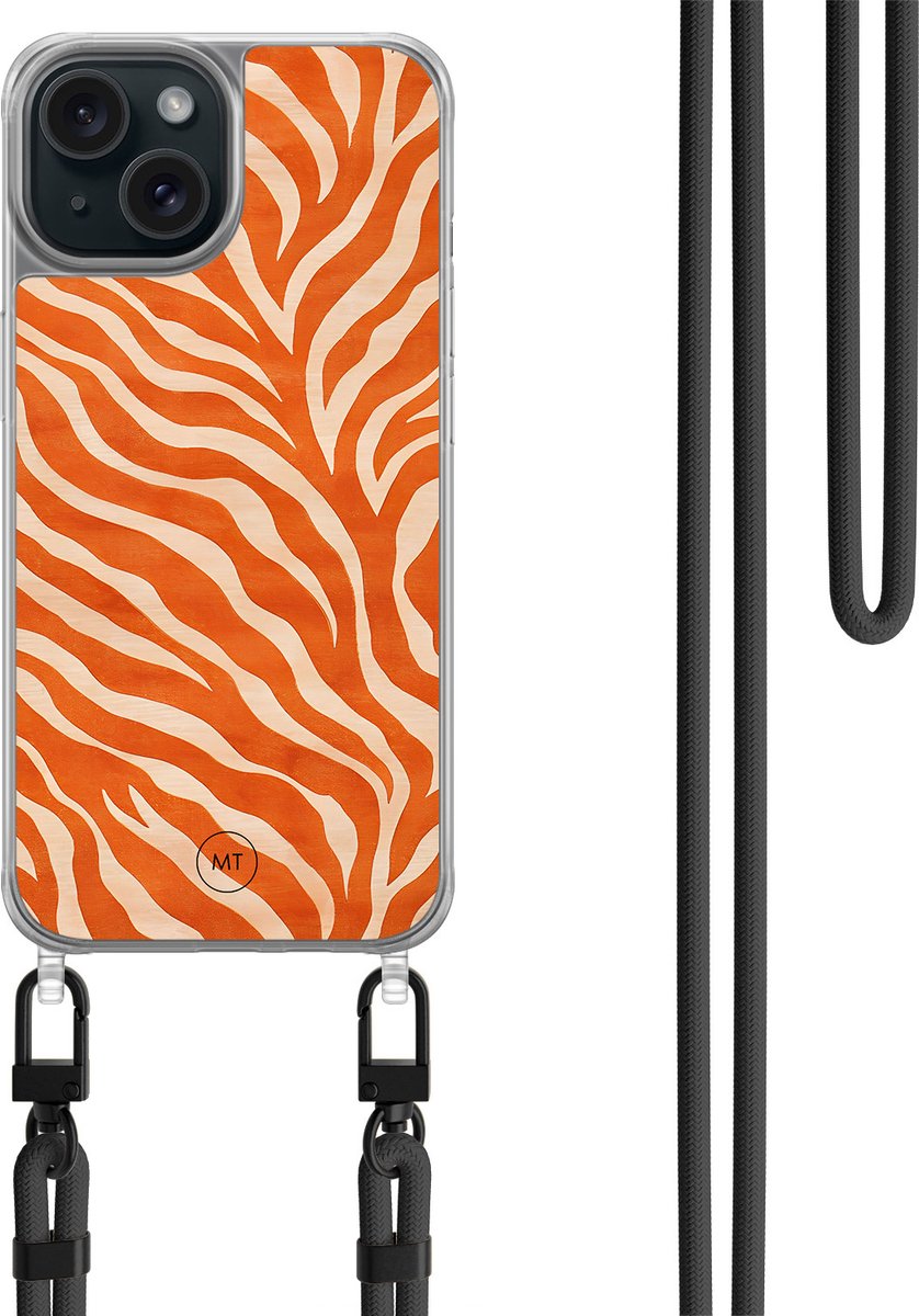Hoesje met koord geschikt voor iPhone 14 - Zebra oranje - Inclusief zwart koord - Crossbody beschermhoes - Transparant, Oranje - Mooie Telefoonhoesjes