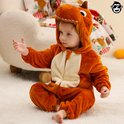 Schattige bruine dinosaurus onesie met capuchon en rits voor baby's.