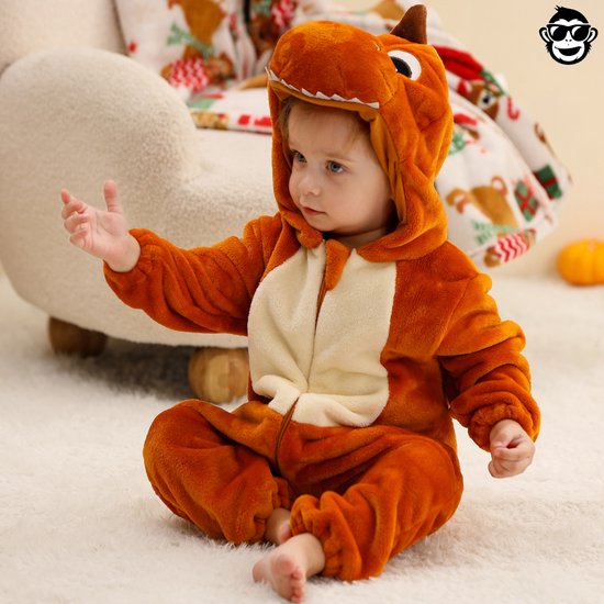 Schattige bruine dinosaurus onesie met capuchon en rits voor baby's.