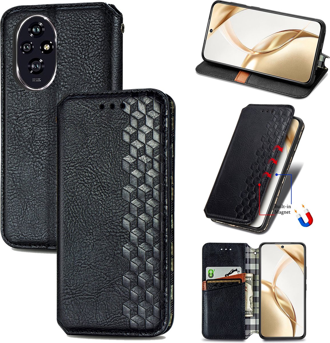 Luxe PU Lederen Ruitpatroon Wallet Case voor Honor 200 _ Zwart