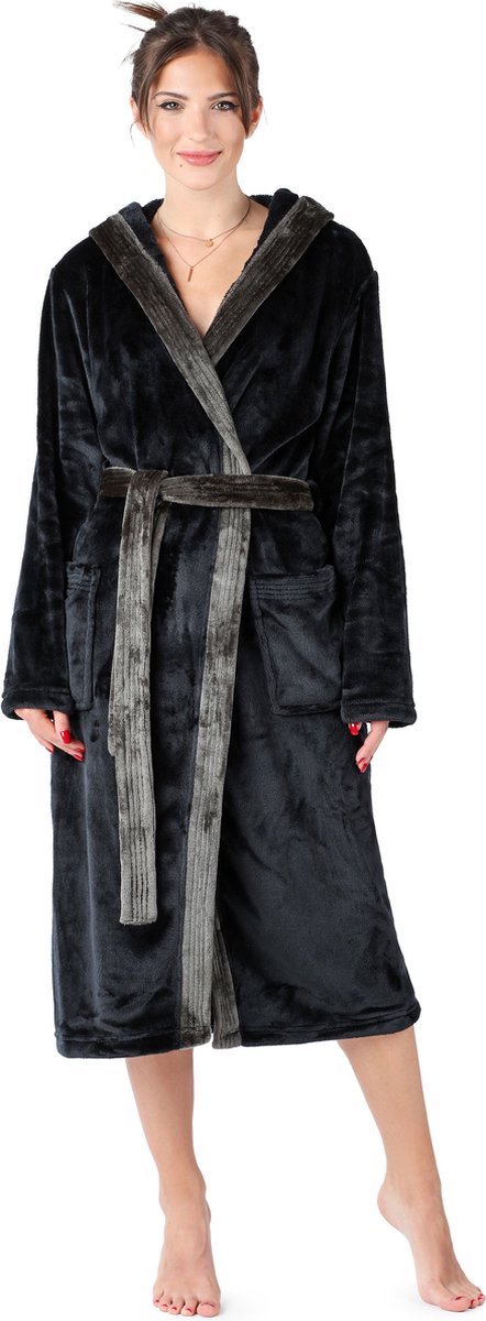 Bellivalini Dames Badjas met Capuchon - Wasmachine bestendig - Polyester - Zwart - M - BLV-BLV50-168-DG