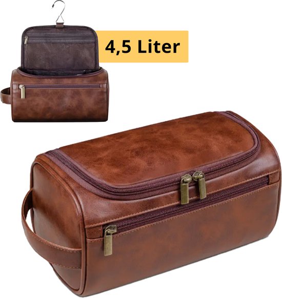 Garzini Toilettas heren - Toilettas mannen leder - Ophangbaar Toiletzak Heren - 4.5L - Travel Organizer Heren - Hangbaar met Haak - Bruin