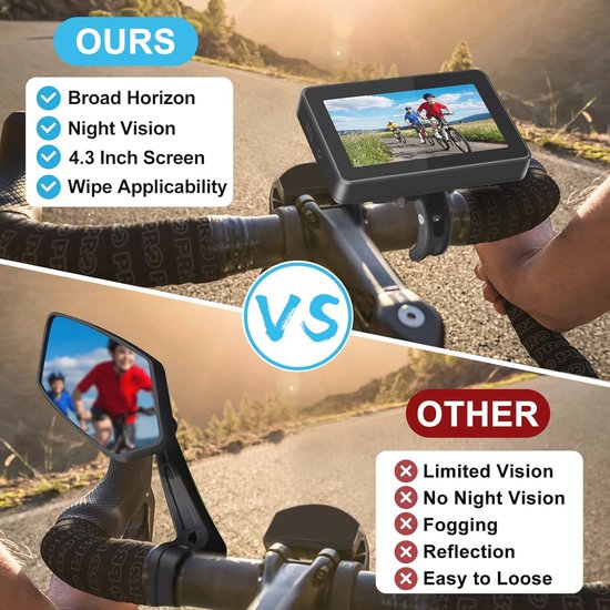 Caméra Rétroviseur Pour Vélo - Écran 4,3" 1080P, Vision Nocturne Couleur, Angle 130° - Sécurité Guidon