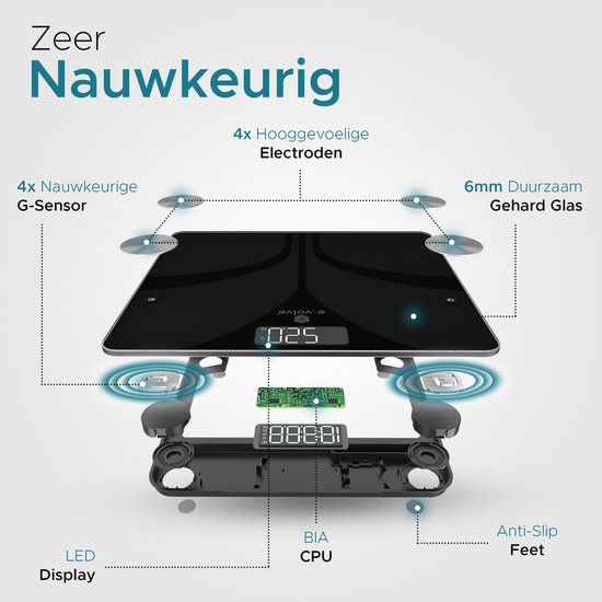 e.volve S5 Weegschaal Personenweegschaal Digitaal - Slimme Weegschaal met 20x Lichaamsanalyse - Digitale Weegschaal - Incl. App - Zwart