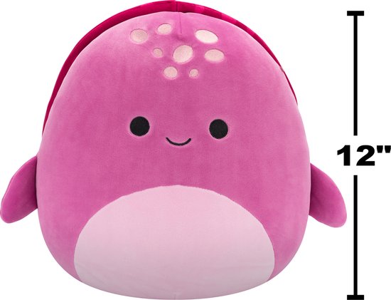 Roze zeeschildpad knuffel met 12-inch maataanduiding.