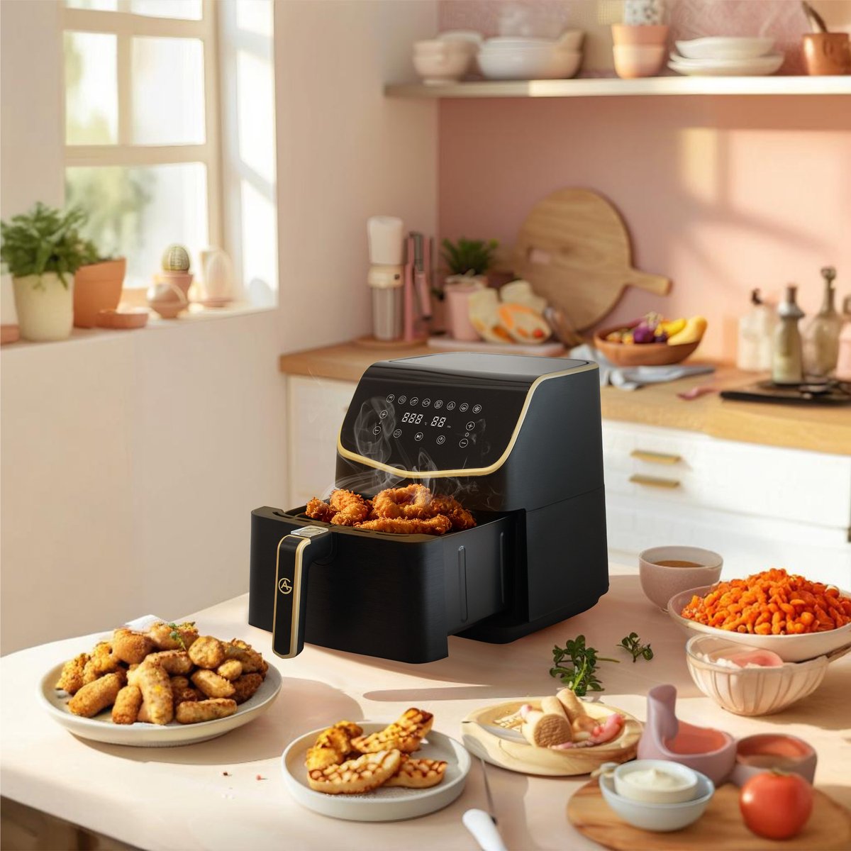 Afbeelding 2 van AG Airfryer XXL Premium- Luchtfriteuse - Anti-aanbak - Tot 8 personen- Uitneembare Bak - Vaatwasserbestendig - Met Receptenboek - Extreem Stil- Snelkooktechnologie - Digitaal Display - Tot 200°C - 8 Voorgeprogrammeerde standen. 5.5L Zwart