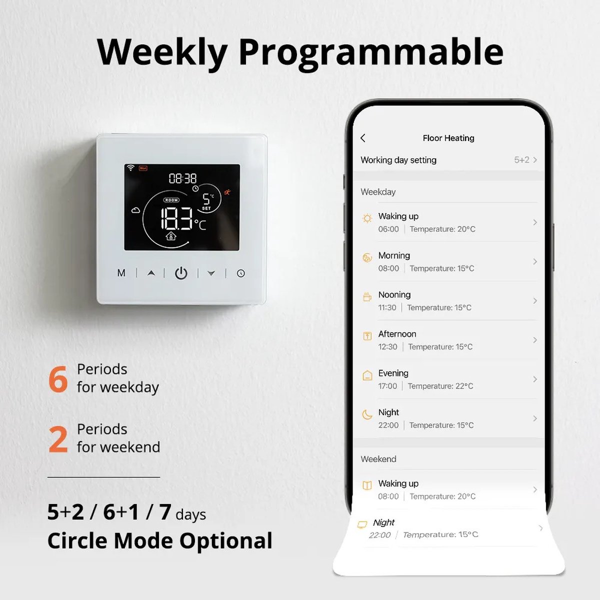 Opbouw Thermostaat | Wifi | Touchscreen bediening | 2-draads aansluiting | C V installatie | Tuya Smartlife app | Spraakbesturing Google Alexa | Wit thumbnail 4