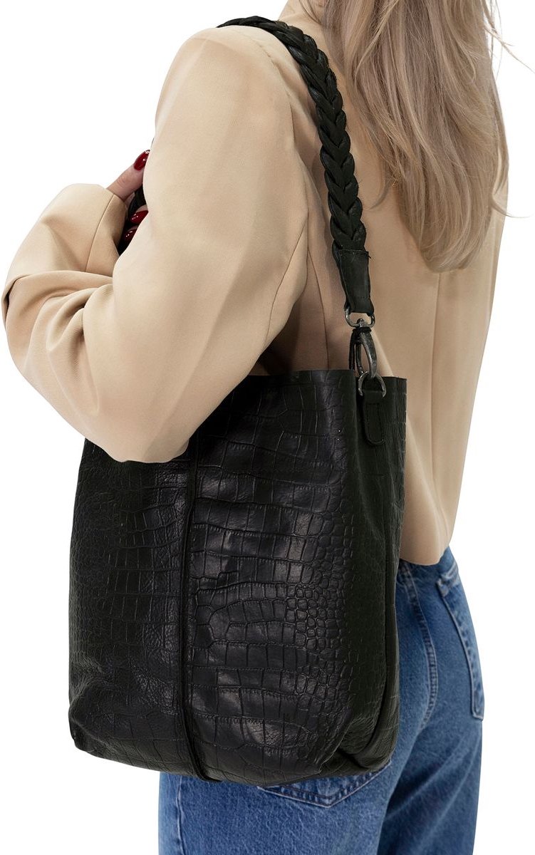 Manfield - Zwarte leren shopper met crocoprint