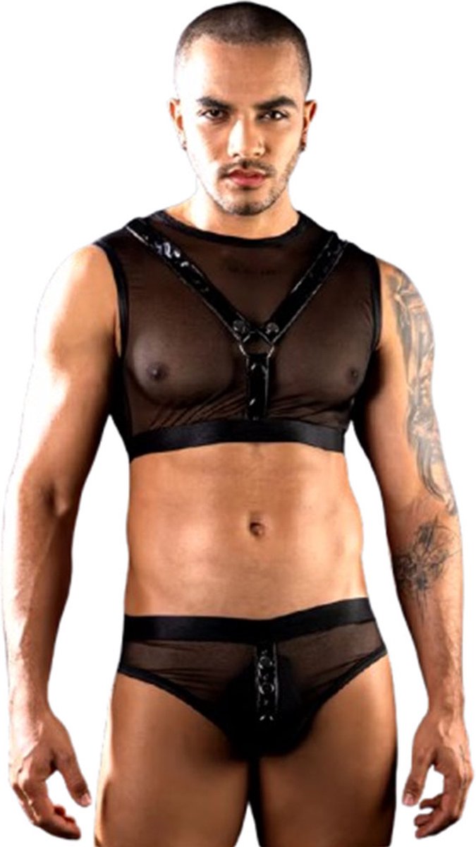Goedkoopste Heren Mesh Harnas met Lederen Details en Metalen Ringen – One Size - Lingerie - Ondergoed en Top