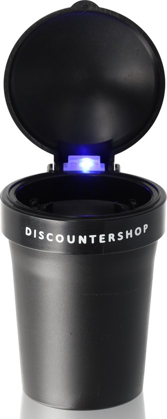 Zwarte auto asbak met deksel open en blauwe LED verlichting.