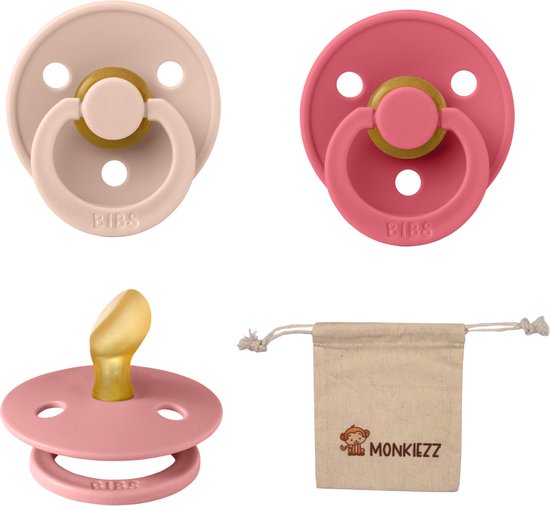 Bibs Dental fopspenen Anatomical 0-6 maanden- Set 3 stuks- Coral, Blush, Dusty Pink + Monkiezz speenzakje - orthodontisch- Anatomisch- Maat 1