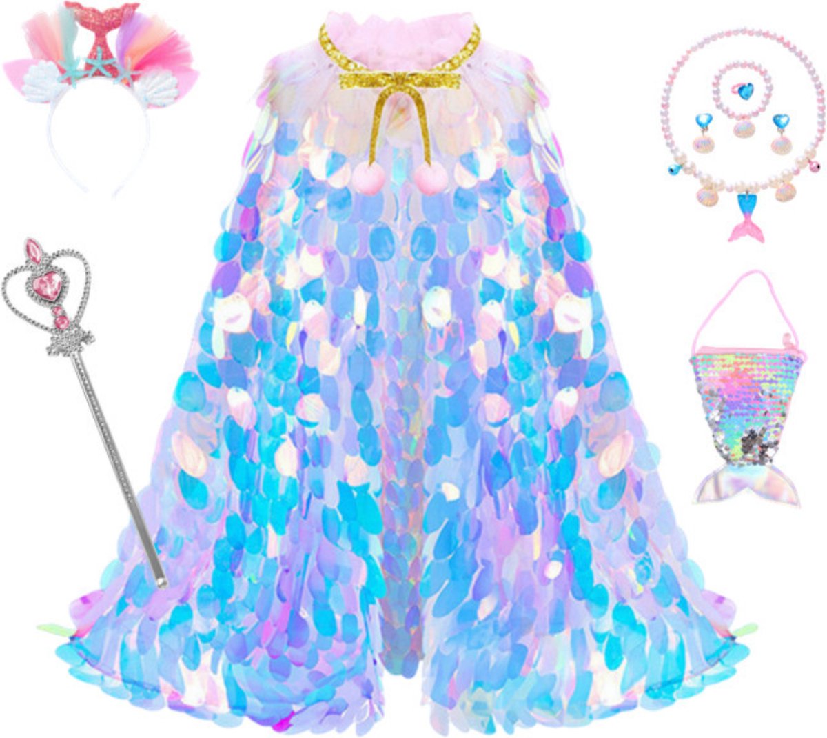 Joya Kids® Luxe Mermaid Glitter Cape Accessoires | Zeemeermin Prinsessencape Pailletten | Cape Paillet | Prinses jurk | Unicorn | Verkleedset | Carnvalskleding | Mermaid Kroon, Staf, Tasje Sieradenset