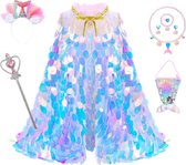 Joya Kids® Luxe Mermaid Glitter Cape met Accessoires | Zeemeermin Prinsessencape met Pailletten | Cape Set Paillet | Elsa jurk | Unicorn | Meisje Verkleedset | Carnvalskleding Meisjes | Met Mermaid Kroon, Staf, Tasje en Sieradenset