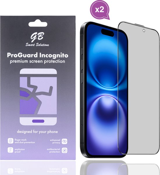 Verpakking met "ProGuard Incognito premium screen protection" en een privacy screenprotector op een iPhone.