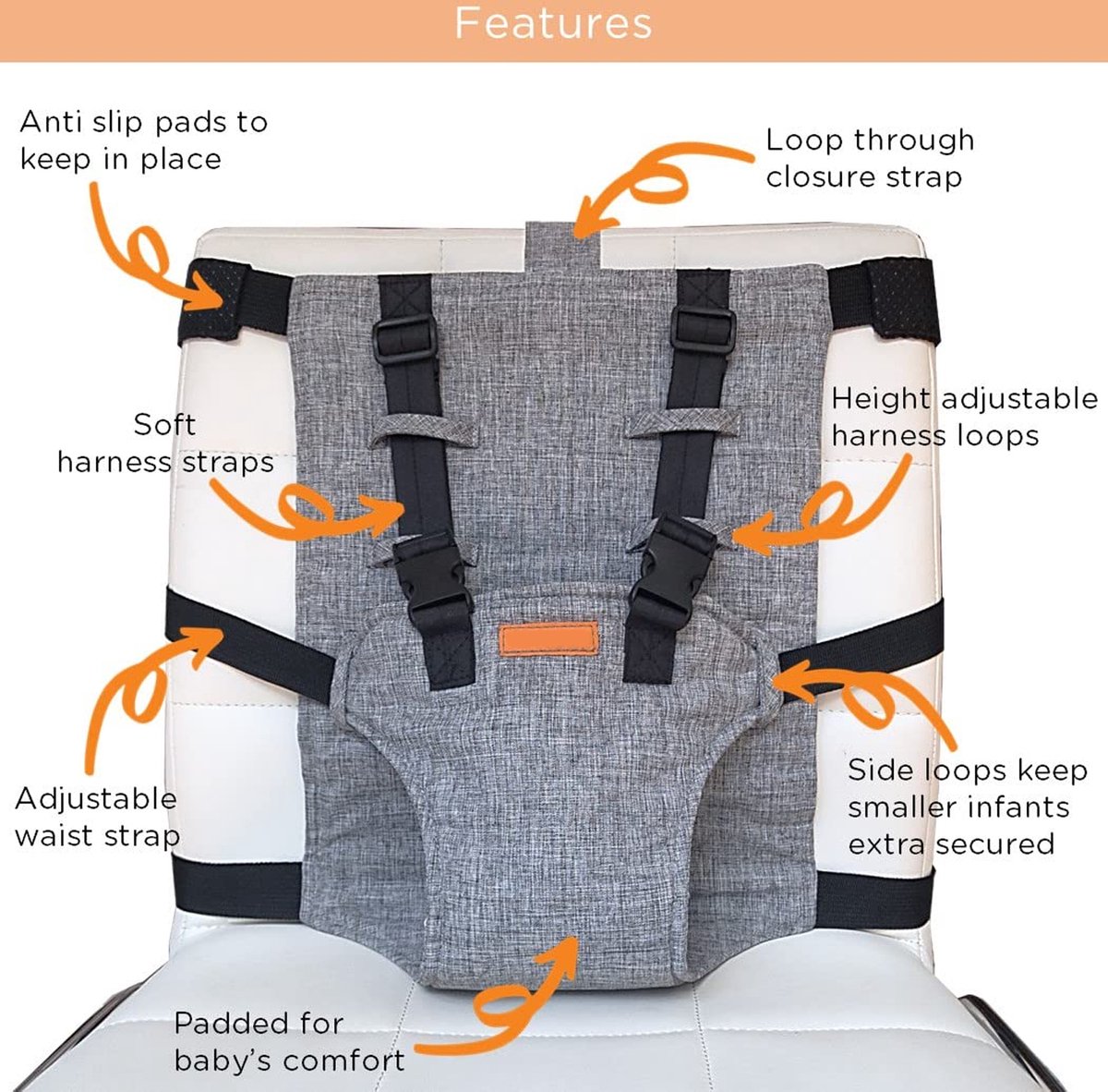 Kinderstoel Tuigje - Veiligheidstuigje Kinderstoel - Tuigje Kind - Verstelbaar Baby Gordel Harness - Baby Travel Essential Harness Seat - Chair licht grijs - Kinderstoel - Draagbare kinderstoel voor baby - reizen Baby Essentials – foto 4
