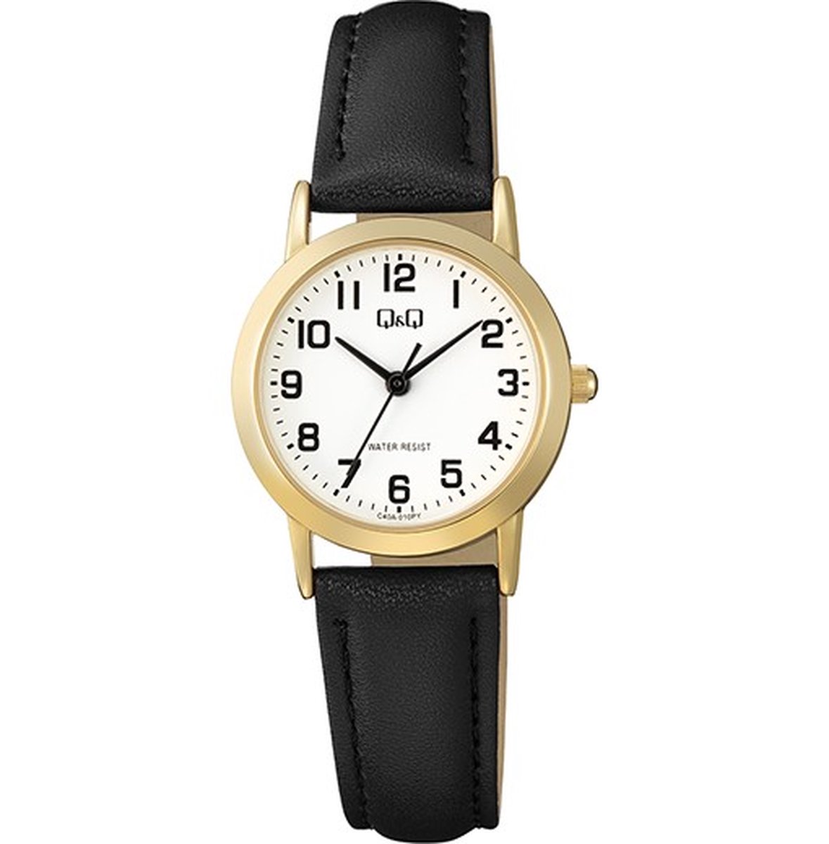 QQ C40A-010PY - Horloge - Polshorloge - Analoog - Dames - Vrouwen - Leren band - Rond - Metaal - Cijfers - Zwart - Goudkleurig - Wit