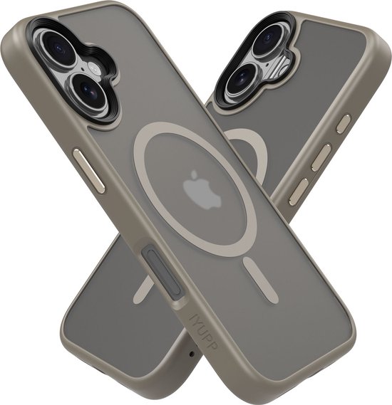 IYUPP Hoesje Geschikt voor iPhone 16 Hoesje - Geschikt voor MagSafe - Shockproof Back Cover - Titanium Gold x Zwart Transparant