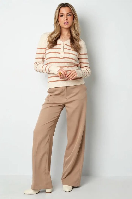 Pull rayé marron - Chandails Trendy femme - Sweats - Col V& Boutons - Taille S - Marron/Beige