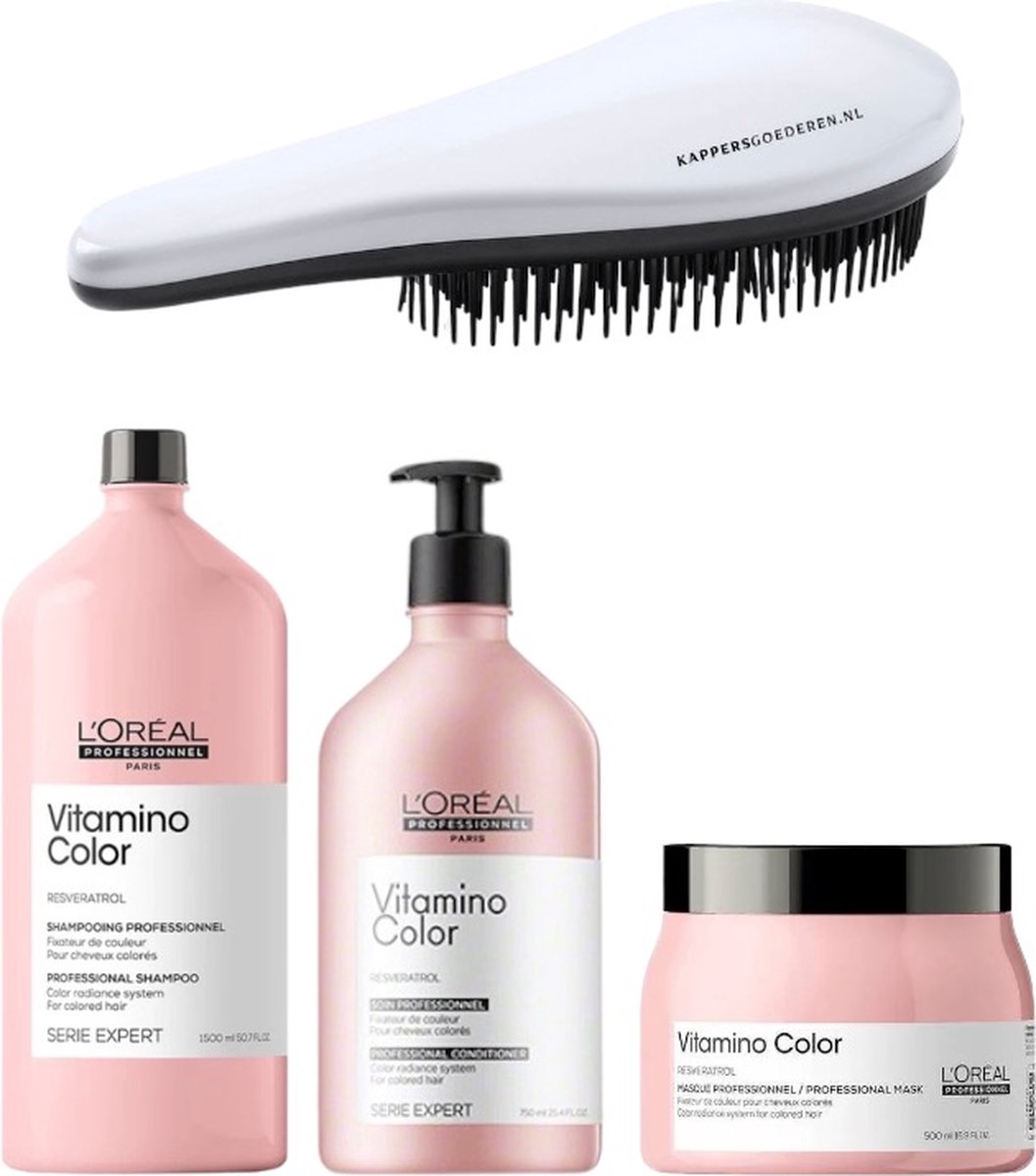 L`Oreal Professionnel - Vitamino Color Set Groot - Shampoo + Conditioner + Masker + KG Ontwarborstel - Gekleurd Haar Set - 1500 + 750 + 500ML