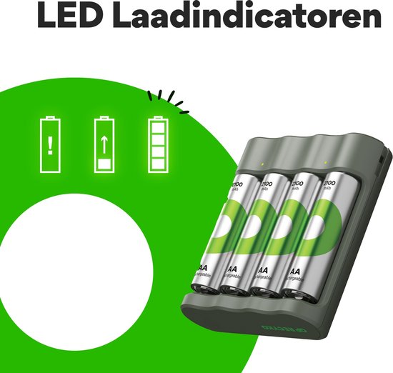 Een donkergrijze batterijlader met vier AA-batterijen. Naast de lader staan pictogrammen van een waarschuwingslampje, een pijl omhoog en een batterij.