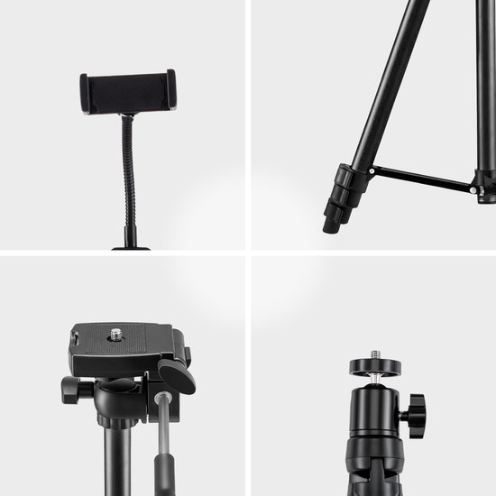 Detailfoto's van de onderdelen van de ringlamp en statief: telefoonhouder, statiefpoot, statiefkop met schroefdraad en balhoofd.
