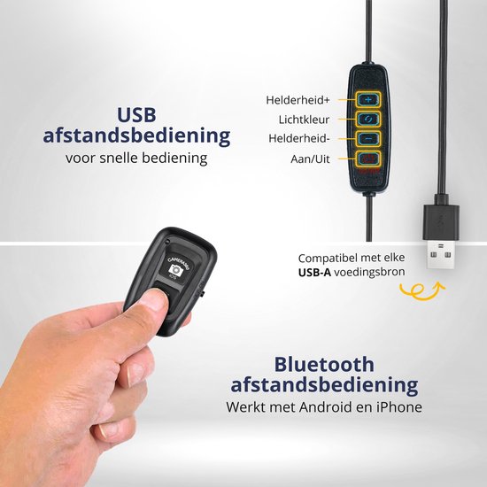 Een hand met een zwarte Bluetooth afstandsbediening met camera-icoon. Naast een USB-kabel met afstandsbediening voor verlichting.