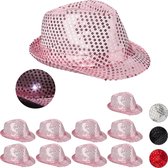Relaxdays 10x paillette hoed - feesthoed glitter - partyhoed LED - fedora hoed - roze