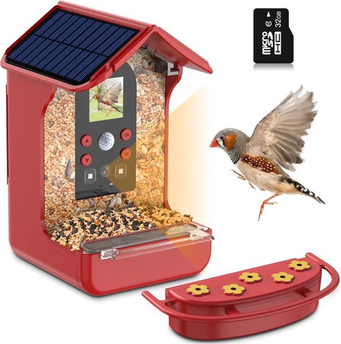 Luxe Vogelhuisje – Met Camera – Vogelvoerhuisje – Hangend – 1080P Opname – Automatische Foto’s & Video’s – Zonne Energie – Rood
