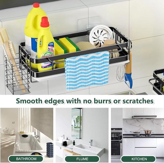 Spoelbakorganizer, zwart, keukenorganizer, hangend wastafelrek, opslag, geen boren nodig, 1 zelfklevende haak, geschikt voor keuken en badkamer